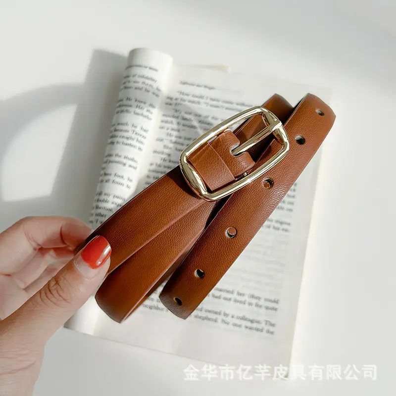 Women's Brown Leather Belt with Gold Buckle — feature 6