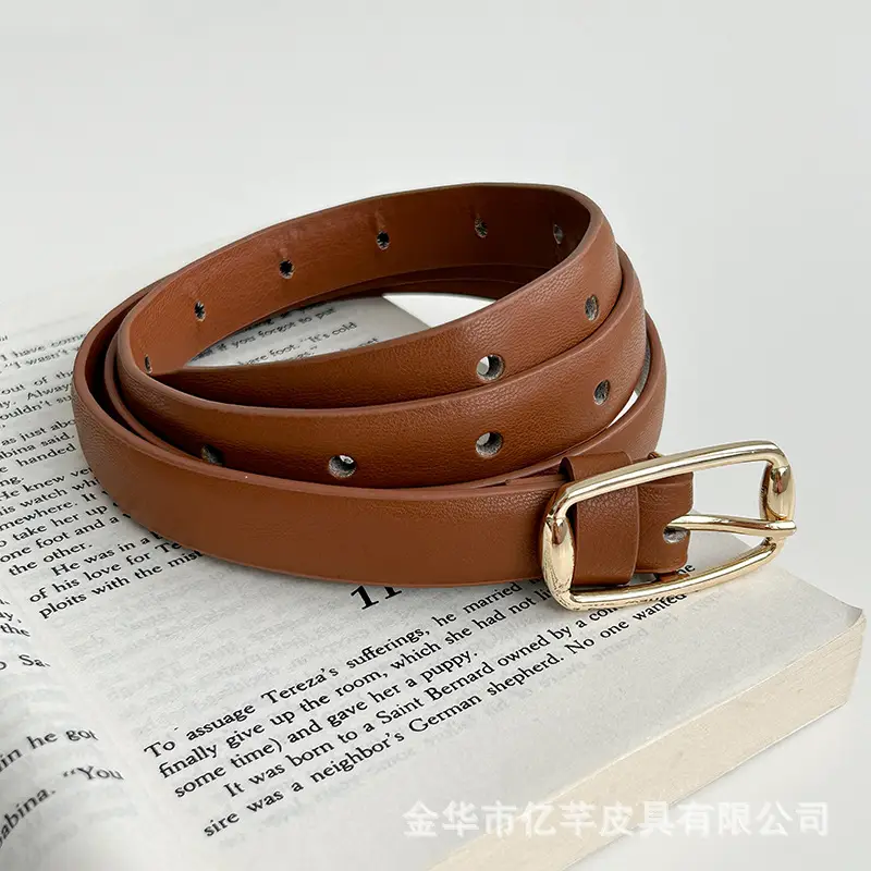 Women's Brown Leather Belt with Gold Buckle — feature 7