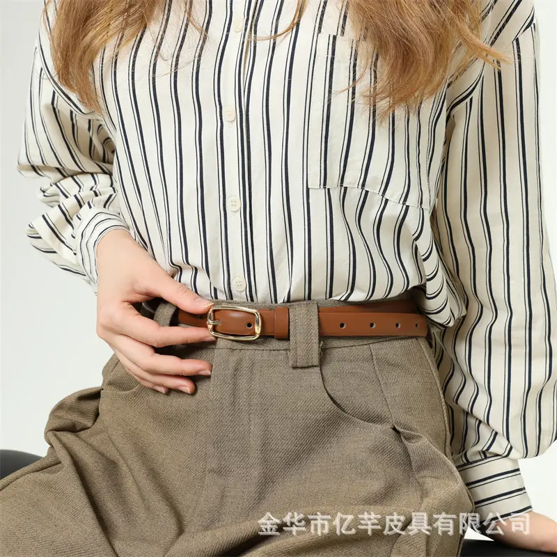 Women's Brown Leather Belt with Gold Buckle — feature 9