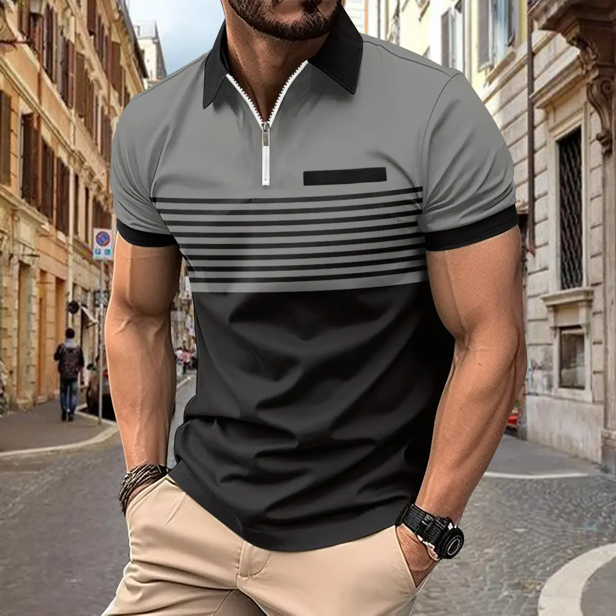 Men Striped Polo Shirt Olive Black Zipper 2026 - Image 3