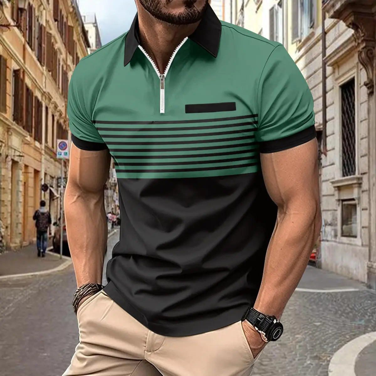 Men Striped Polo Shirt Olive Black Zipper 2026 - Image 2