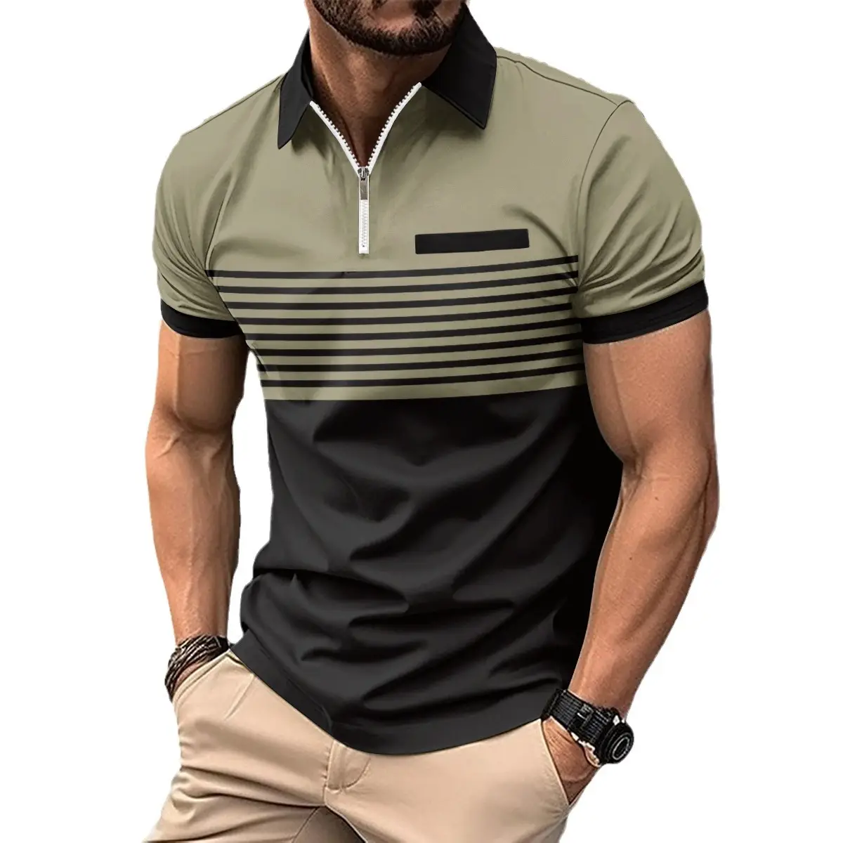 Men Striped Polo Shirt Olive Black Zipper 2026 - Image 9