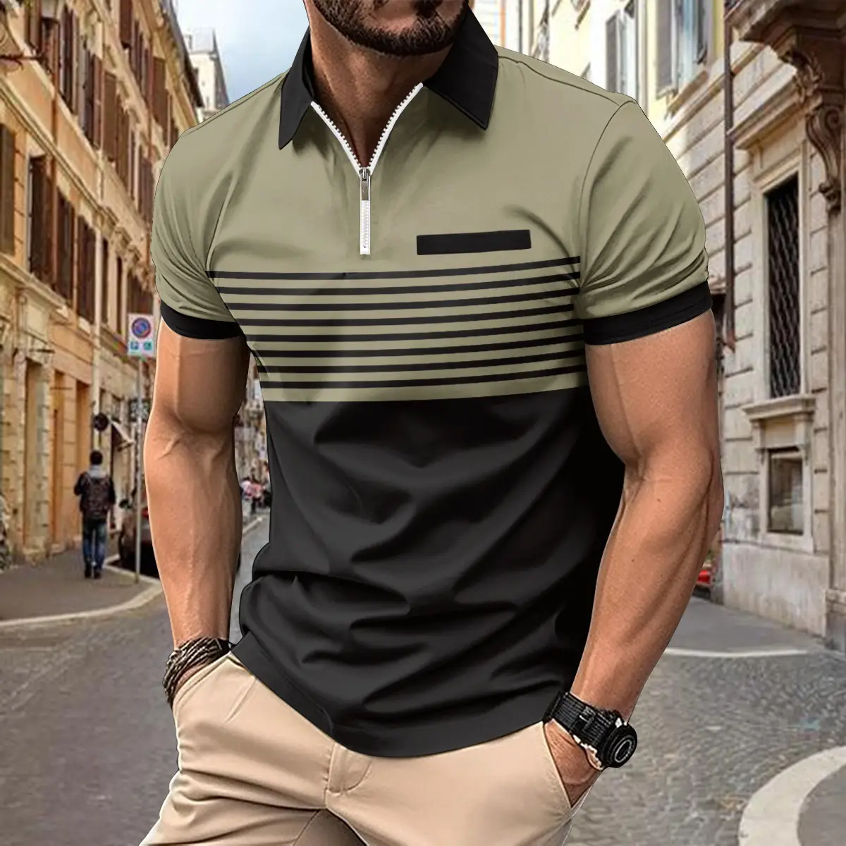 Men Striped Polo Shirt Olive Black Zipper 2026 - Image 5