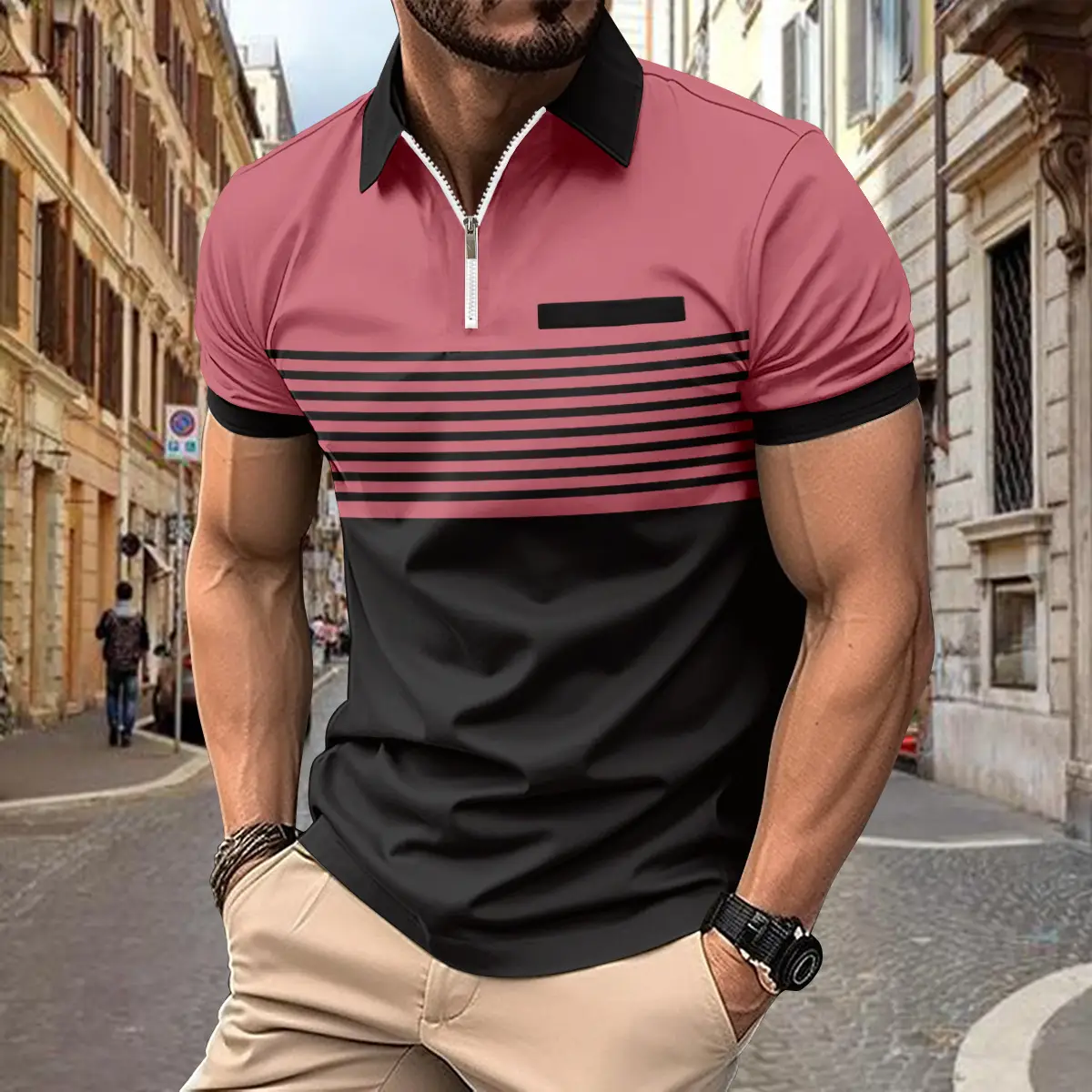 Men Striped Polo Shirt Olive Black Zipper 2026 - Image 6