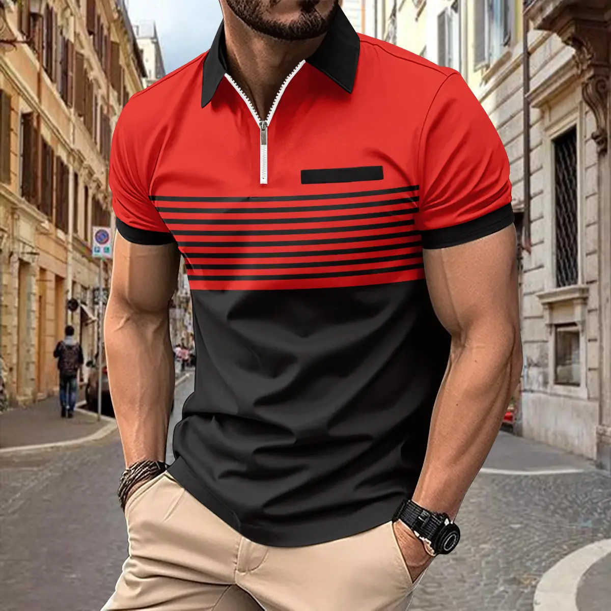 Men Striped Polo Shirt Olive Black Zipper 2026 - Image 7
