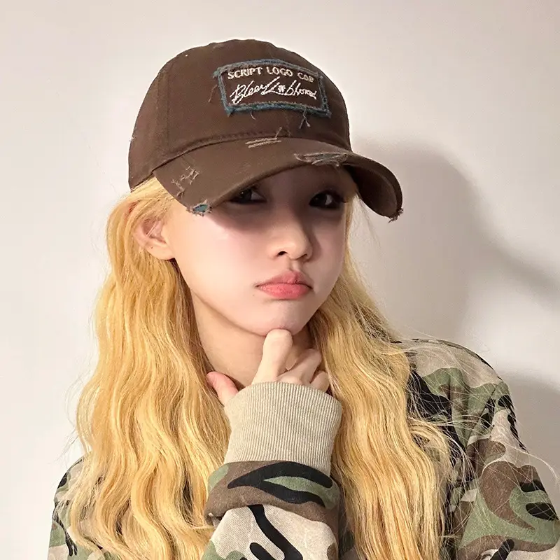 Women Men Retro Brown Ripped Cap