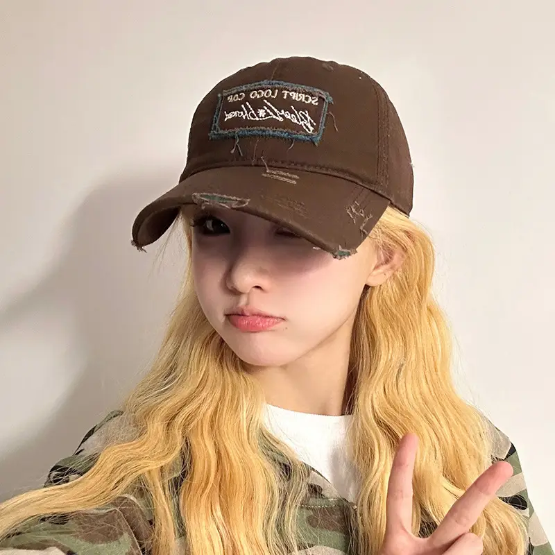 Women Men Retro Brown Ripped Cap