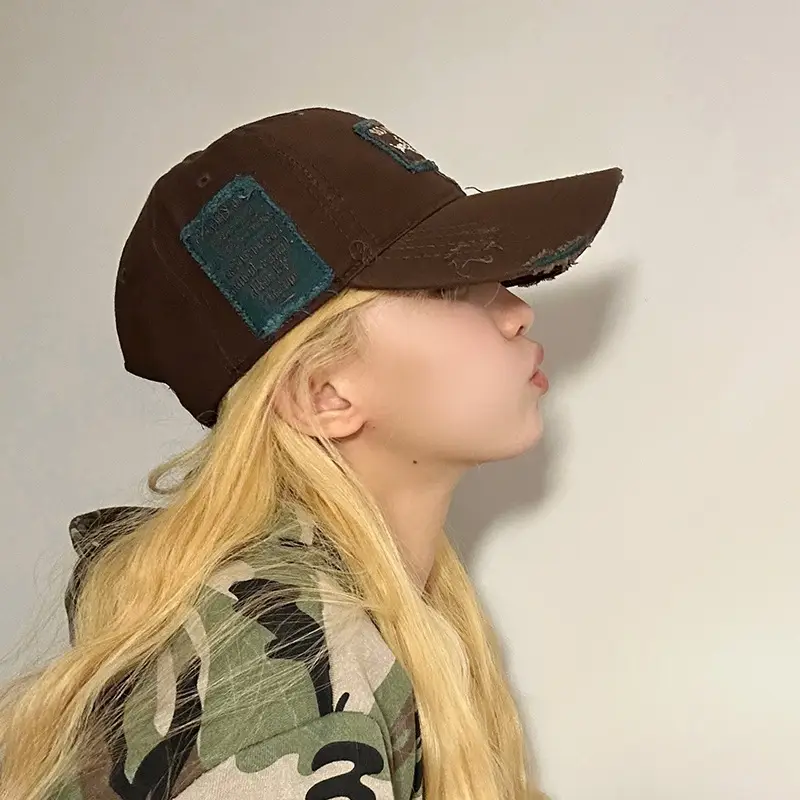 Women Men Retro Brown Ripped Cap