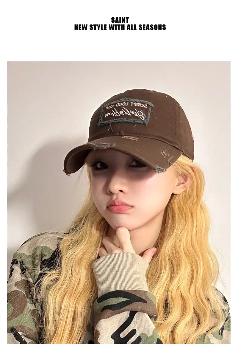 Women Men Retro Brown Ripped Cap — feature 2