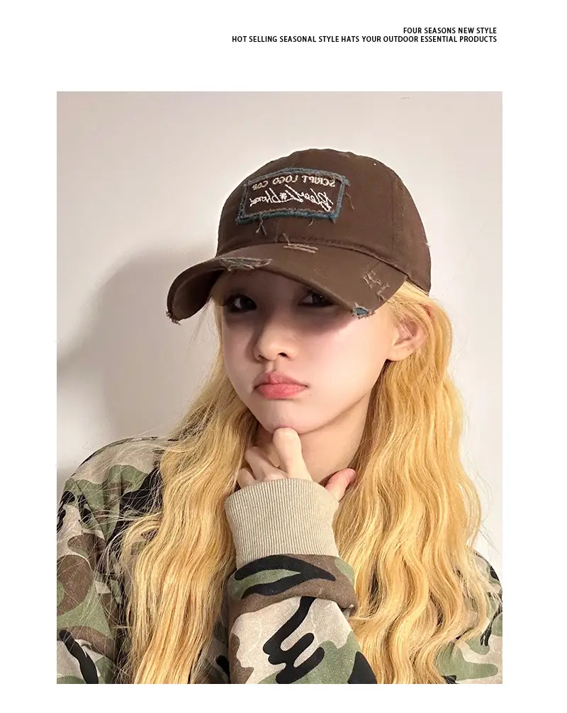 Women Men Retro Brown Ripped Cap — feature 4