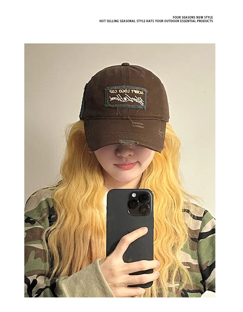 Women Men Retro Brown Ripped Cap — feature 5