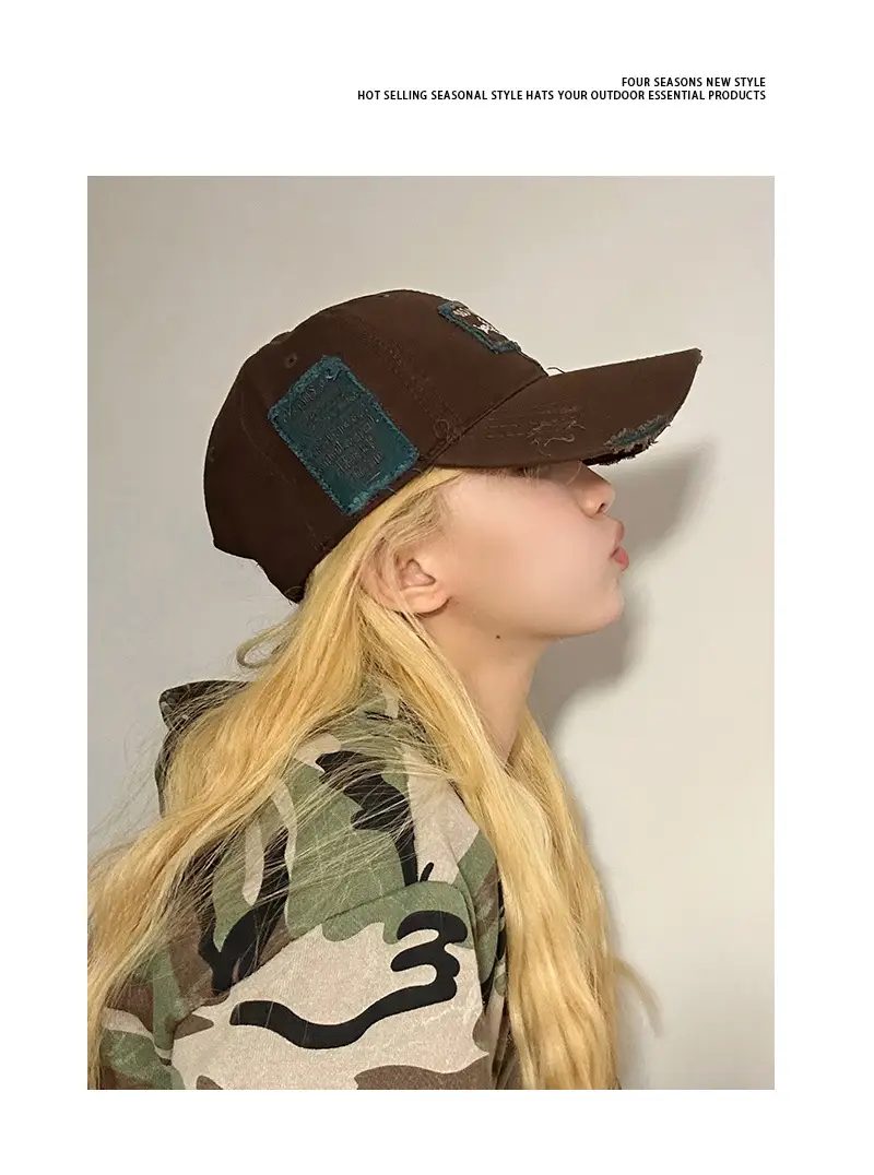 Women Men Retro Brown Ripped Cap — feature 6