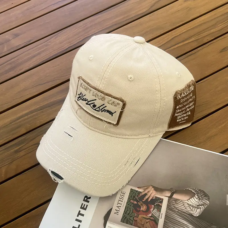 Women Men Retro Brown Ripped Cap