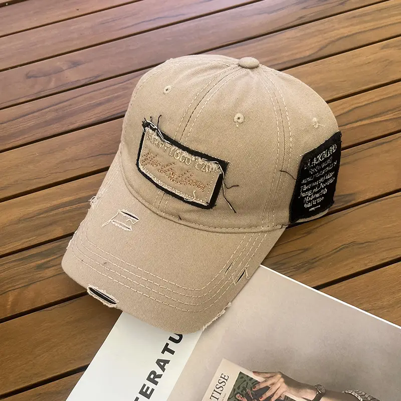 Women Men Retro Brown Ripped Cap