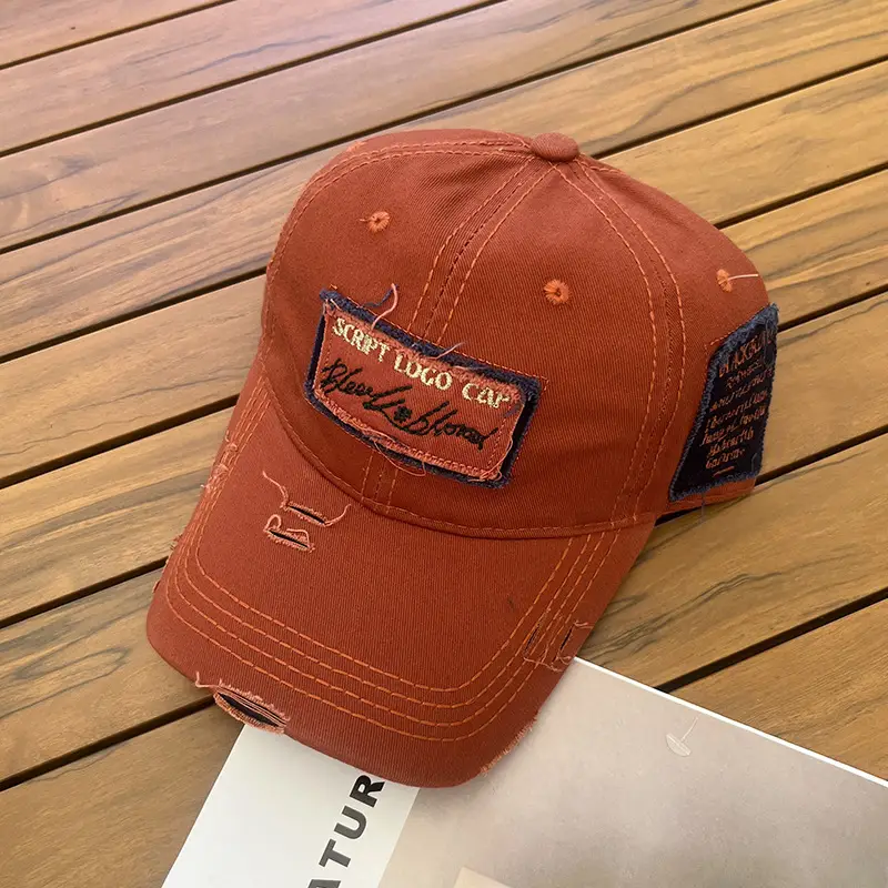 Women Men Retro Brown Ripped Cap