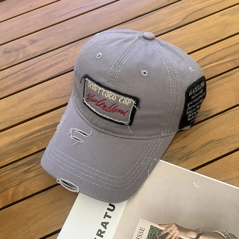 Women Men Retro Brown Ripped Cap