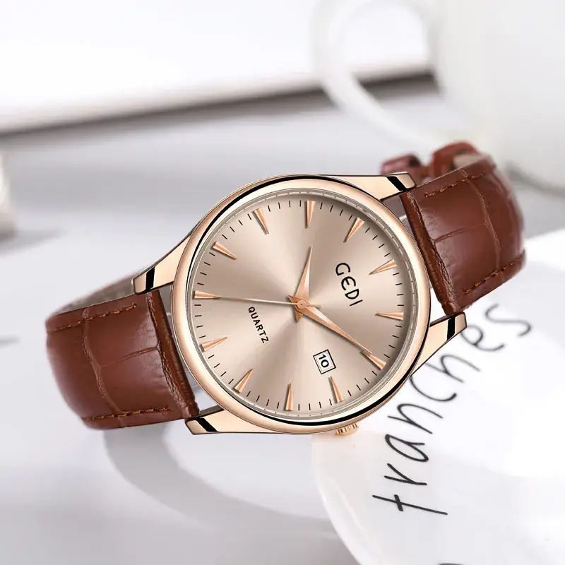 Gold Leather Watch with Calendar & Quartz - Image 21