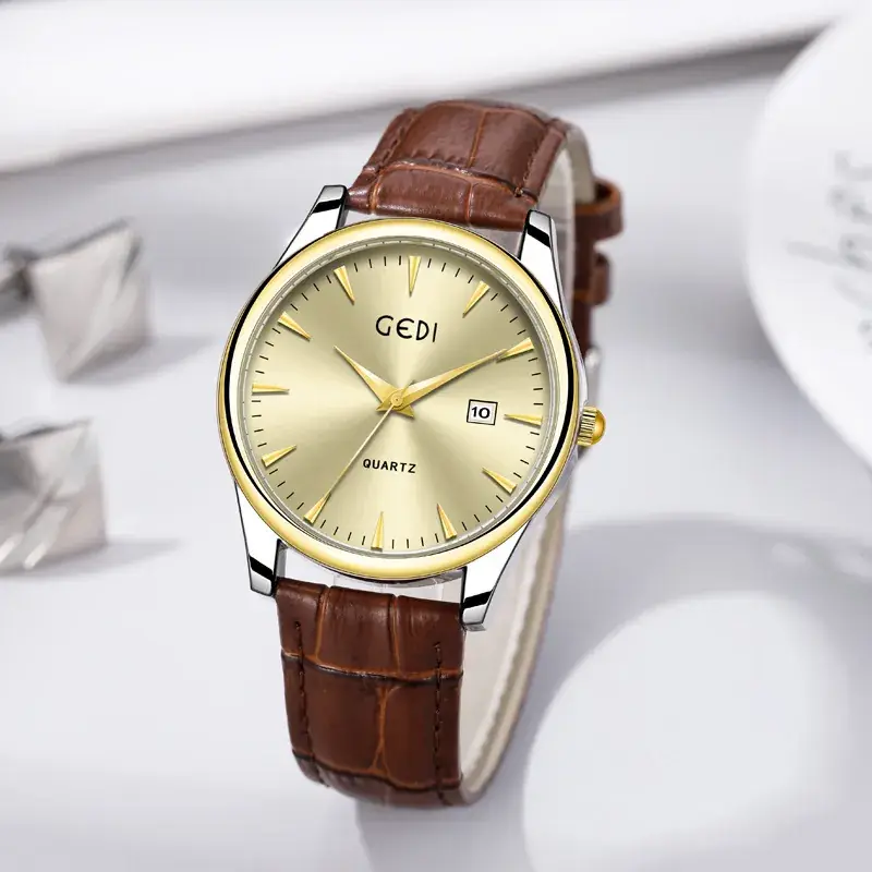 Gold Leather Watch with Calendar & Quartz - Image 22