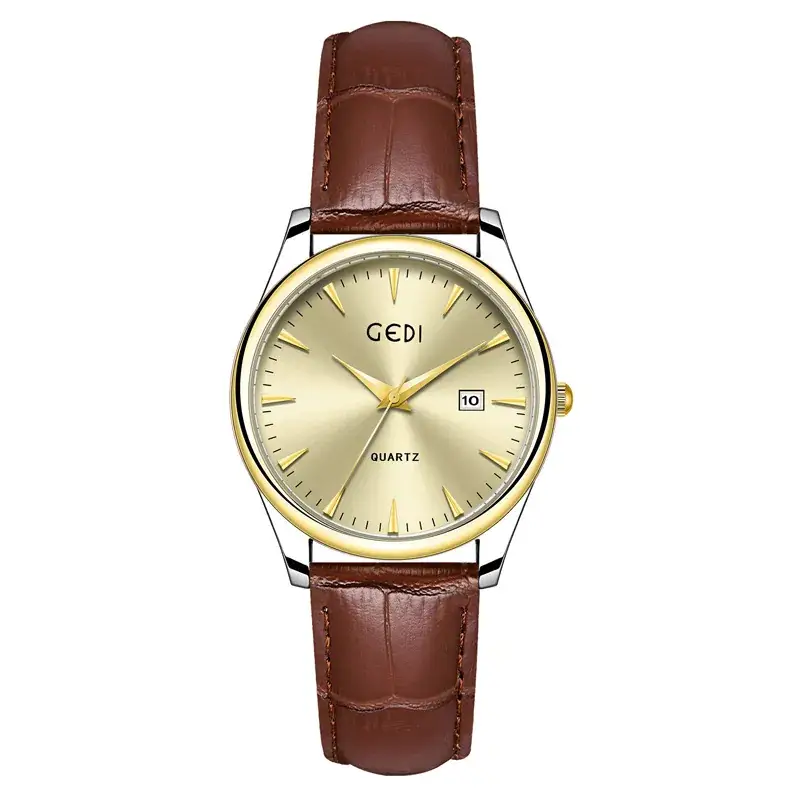 Gold Leather Watch with Calendar & Quartz - Image 10