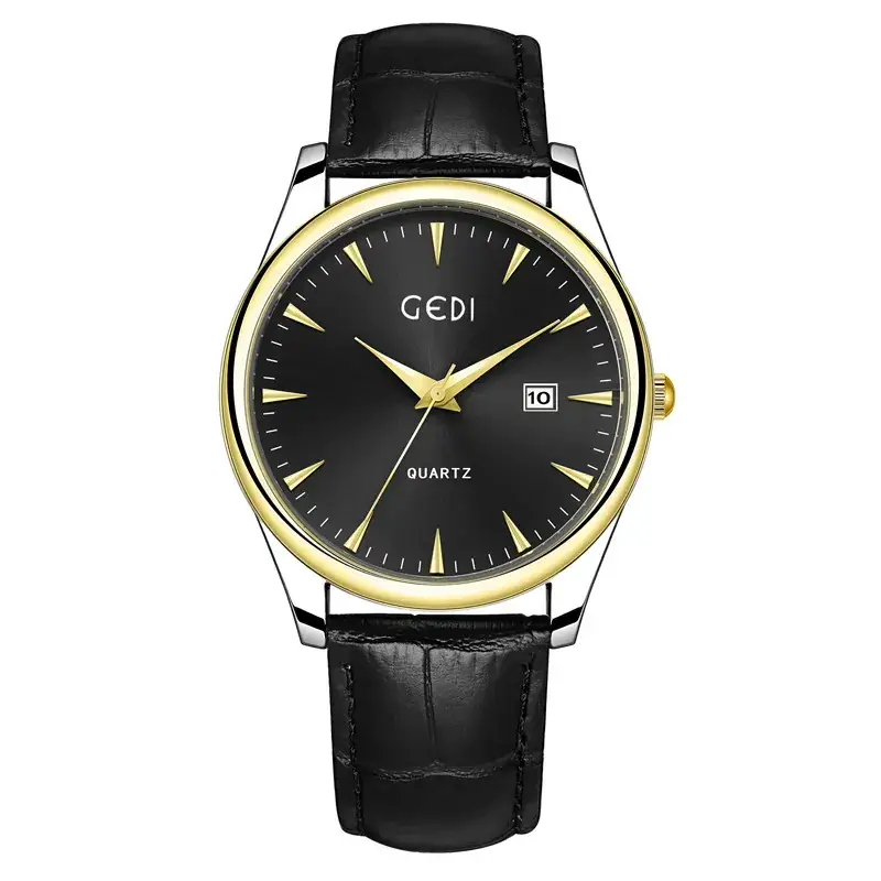 Gold Leather Watch with Calendar & Quartz - Image 11