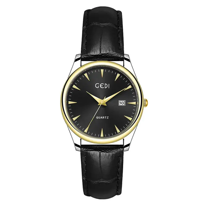 Gold Leather Watch with Calendar & Quartz - Image 12