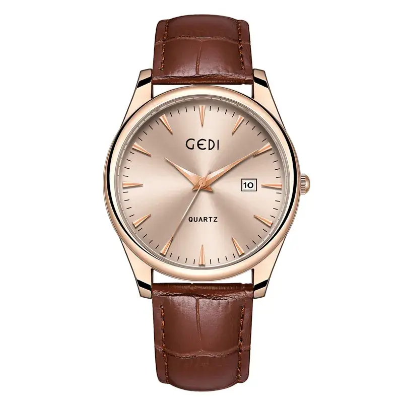 Gold Leather Watch with Calendar & Quartz - Image 15