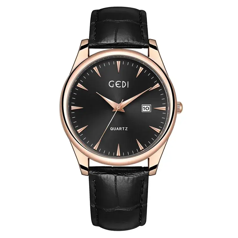 Gold Leather Watch with Calendar & Quartz - Image 17
