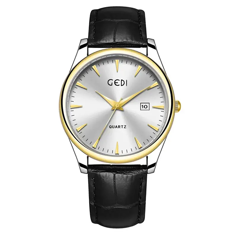 Gold Leather Watch with Calendar & Quartz - Image 7