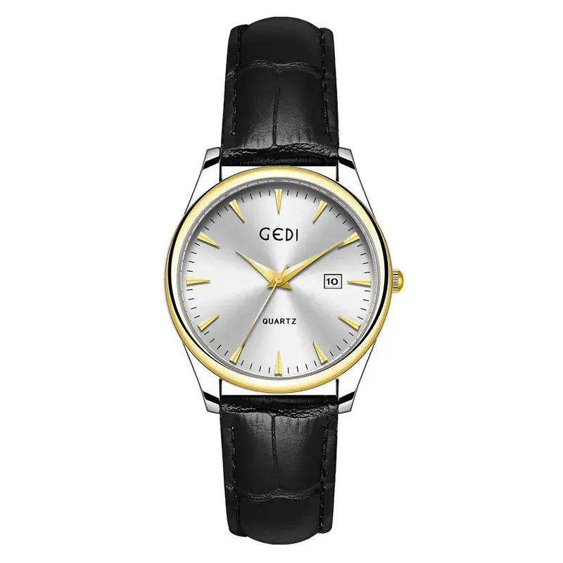 Gold Leather Watch with Calendar & Quartz - Image 8