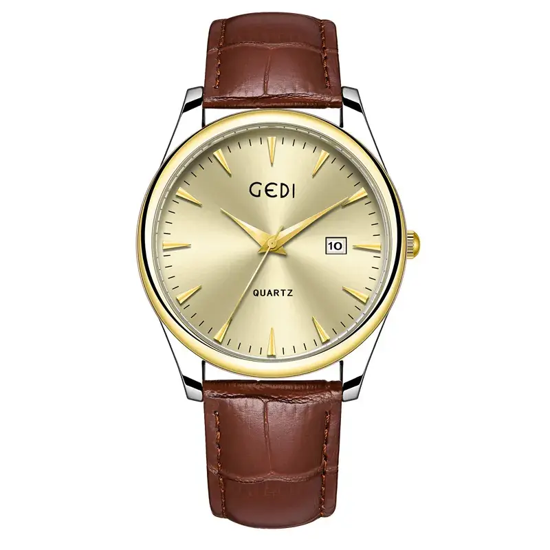 Gold Leather Watch with Calendar & Quartz - Image 9