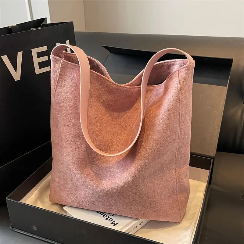 Pink Suede Shoulder Bag with Wide Strap for Women - Image 6