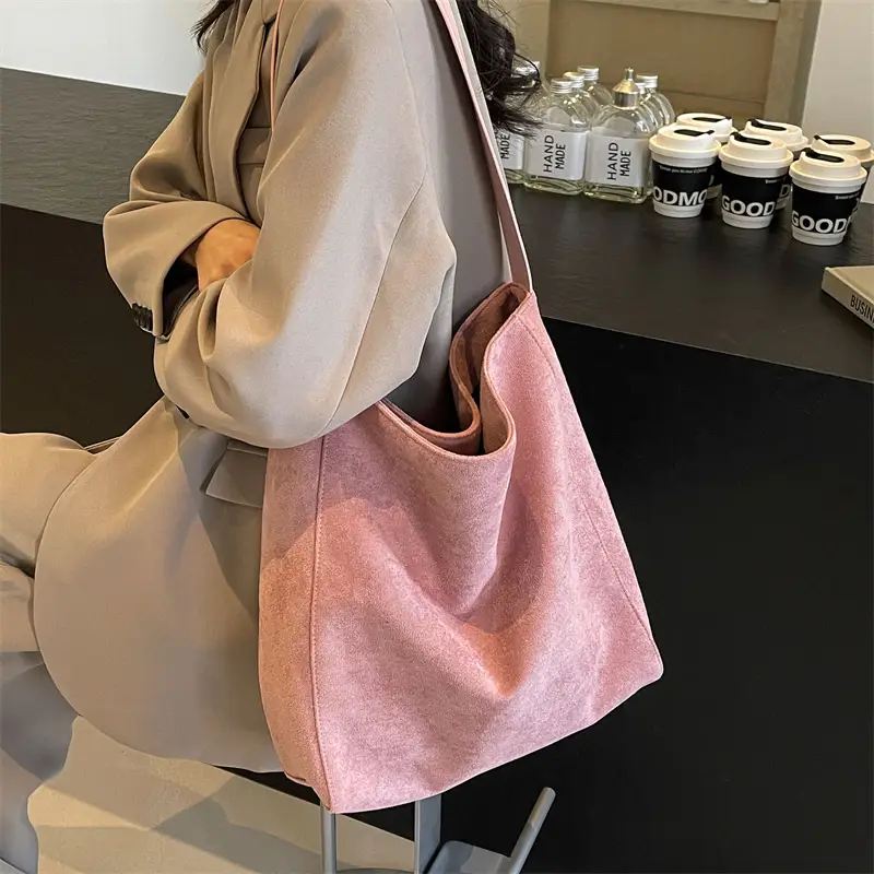 Pink Suede Shoulder Bag with Wide Strap for Women - Image 7