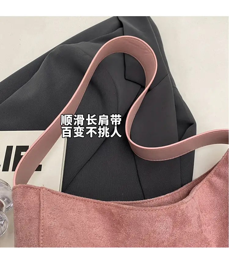 Pink Suede Shoulder Bag with Wide Strap for Women — feature 12
