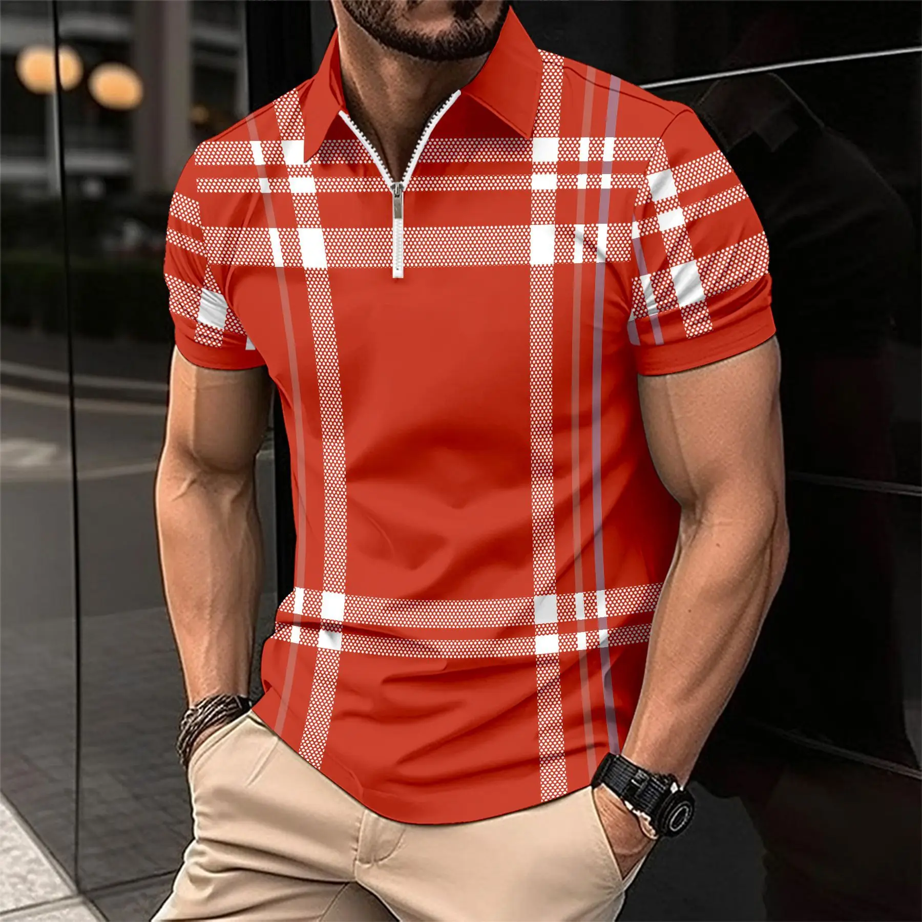 Men Blue Plaid Zip Polo Shirt Short Sleeve - Image 4