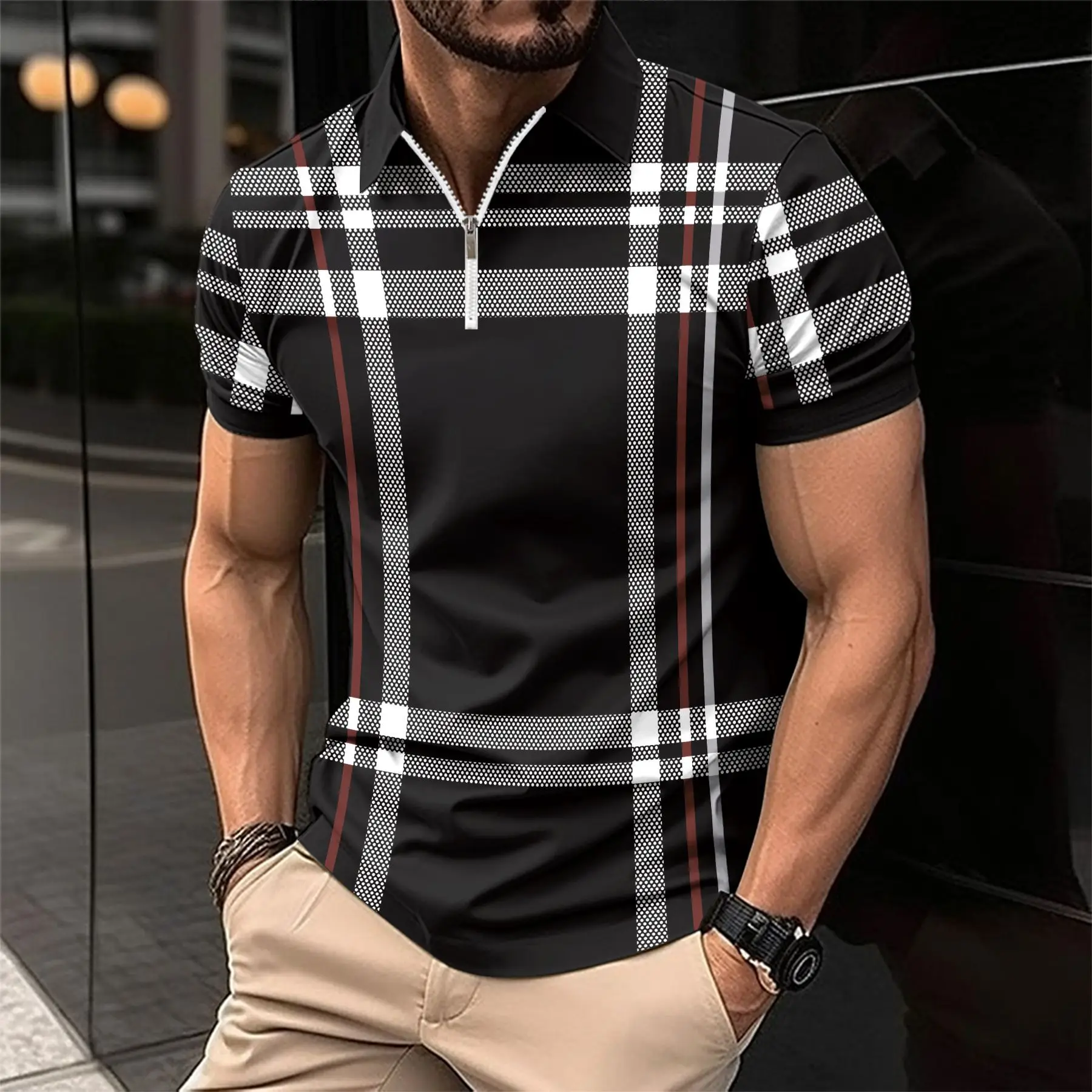 Men Blue Plaid Zip Polo Shirt Short Sleeve - Image 3