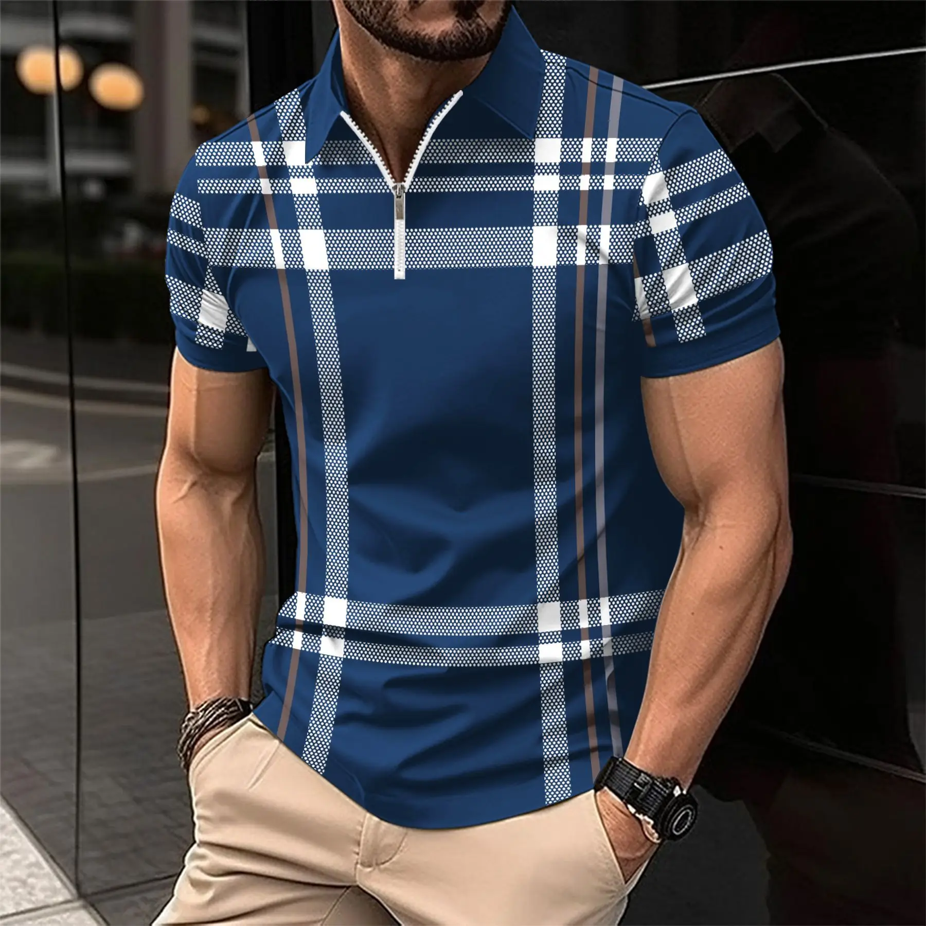 Men Blue Plaid Zip Polo Shirt Short Sleeve - Image 2