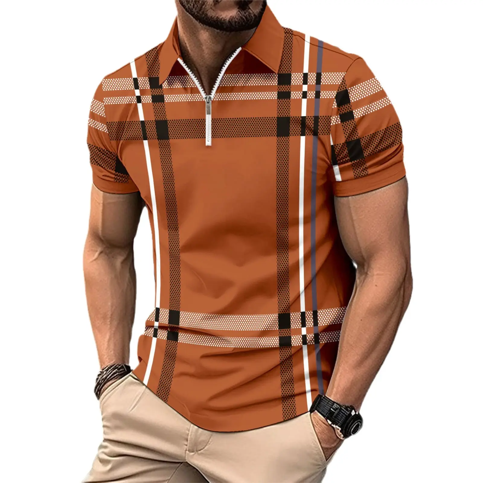Men Blue Plaid Zip Polo Shirt Short Sleeve - Image 7