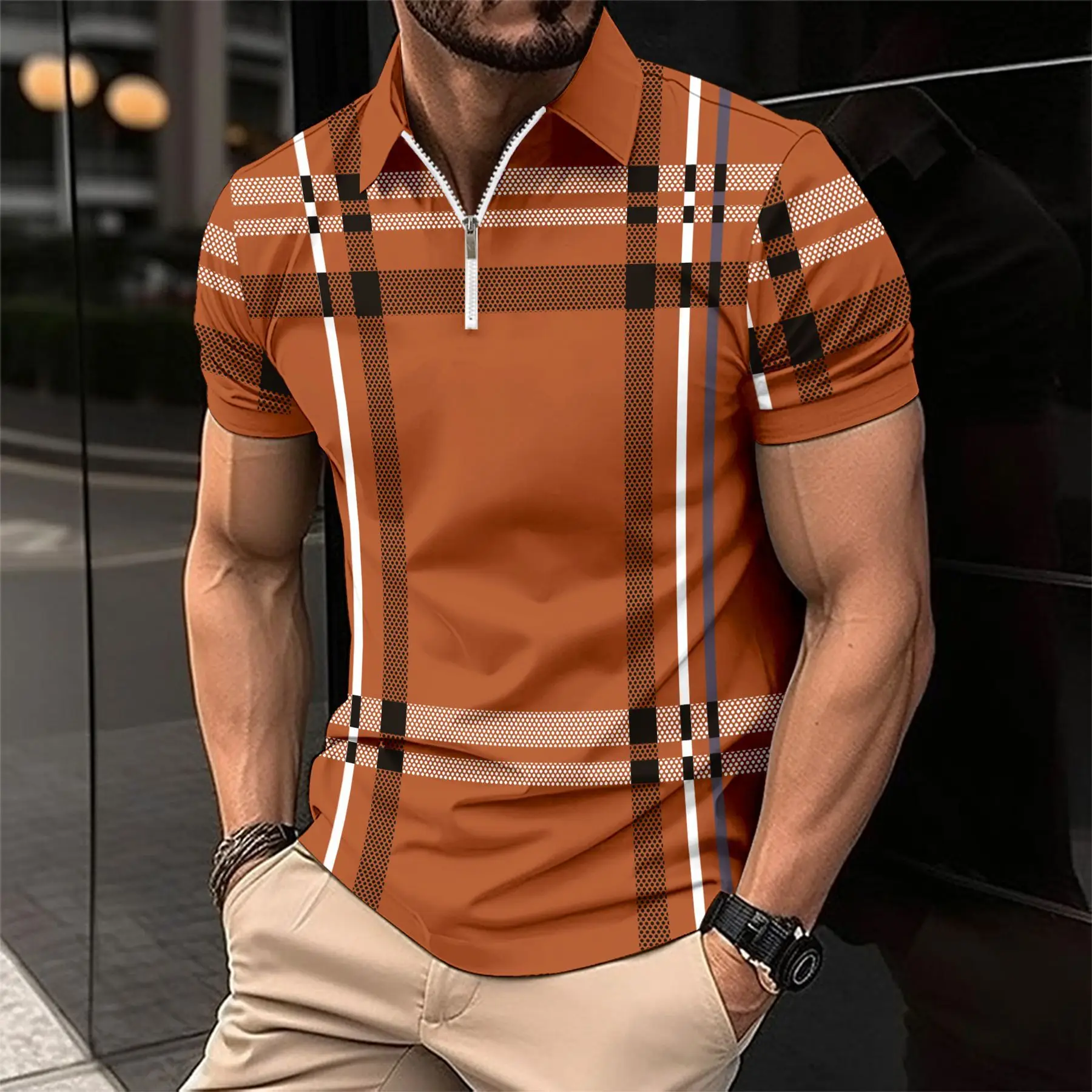 Men Blue Plaid Zip Polo Shirt Short Sleeve - Image 5