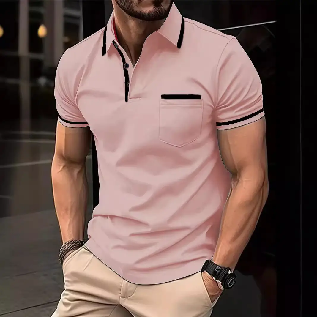 Men's Light Blue Polo Shirt Button Pocket Summer - Image 14