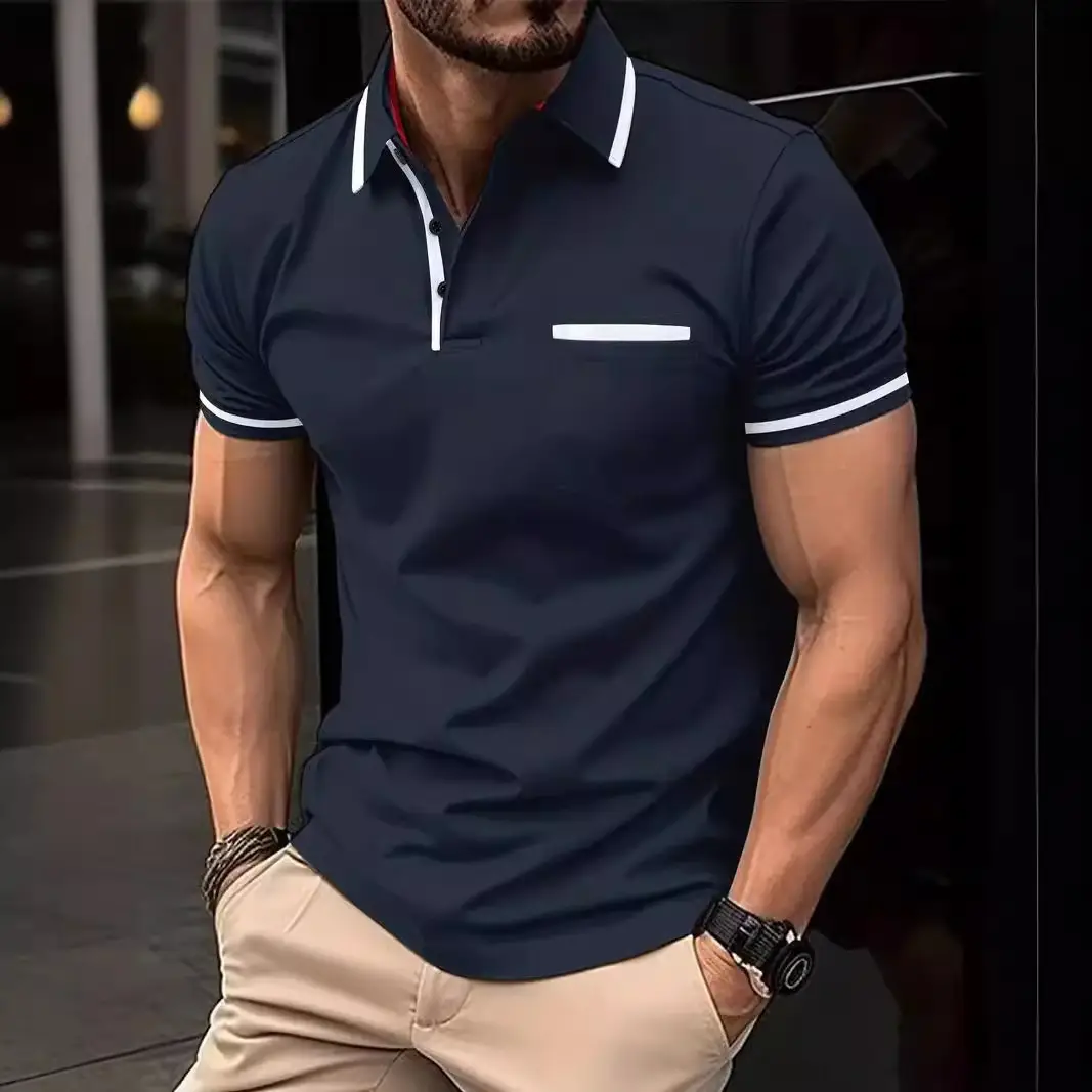 Men's Light Blue Polo Shirt Button Pocket Summer - Image 15