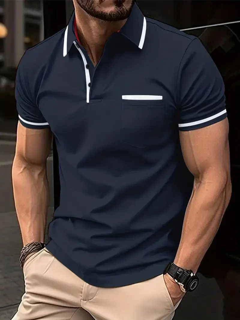 Men's Light Blue Polo Shirt Button Pocket Summer - Image 4