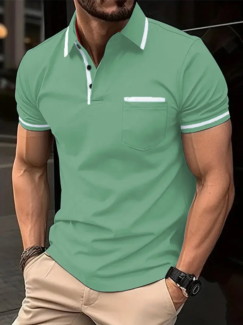 Men's Light Blue Polo Shirt Button Pocket Summer - Image 7