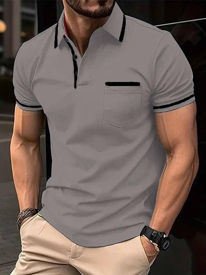Men's Light Blue Polo Shirt Button Pocket Summer - Image 8