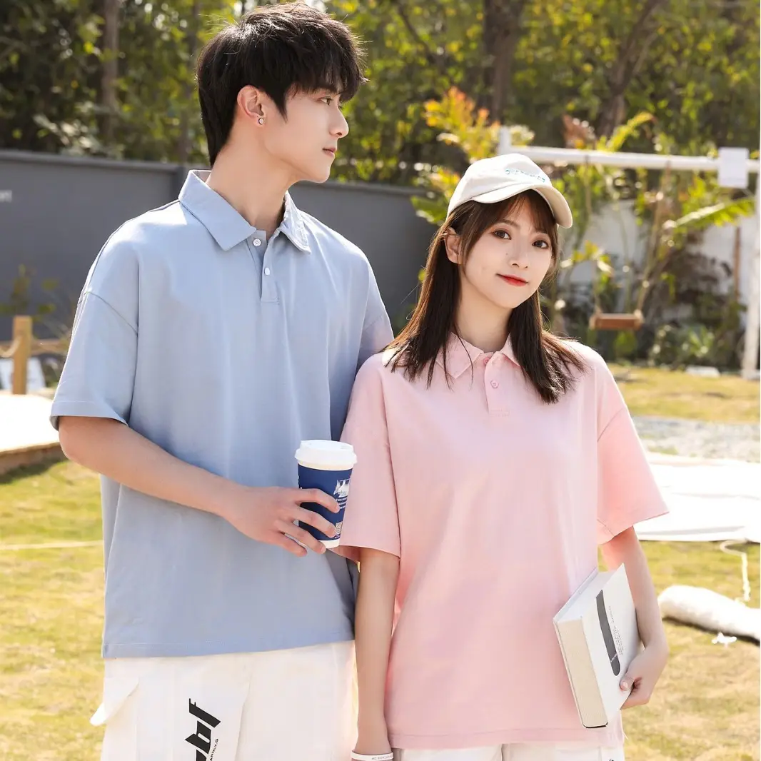Pure Cotton Polo Shirt Light Blue Unisex Loose Fit - Image 19