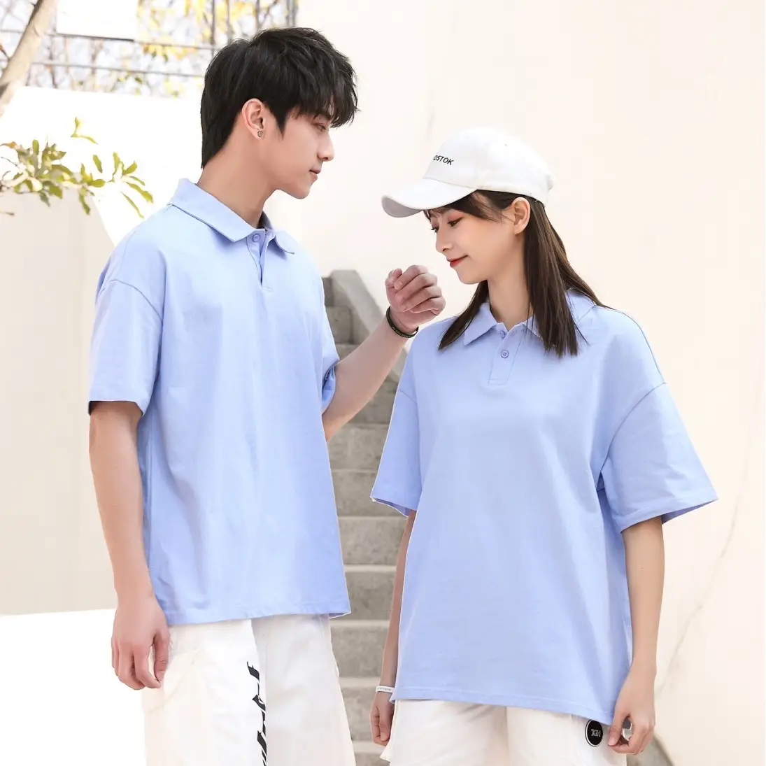 Pure Cotton Polo Shirt Light Blue Unisex Loose Fit - Image 22