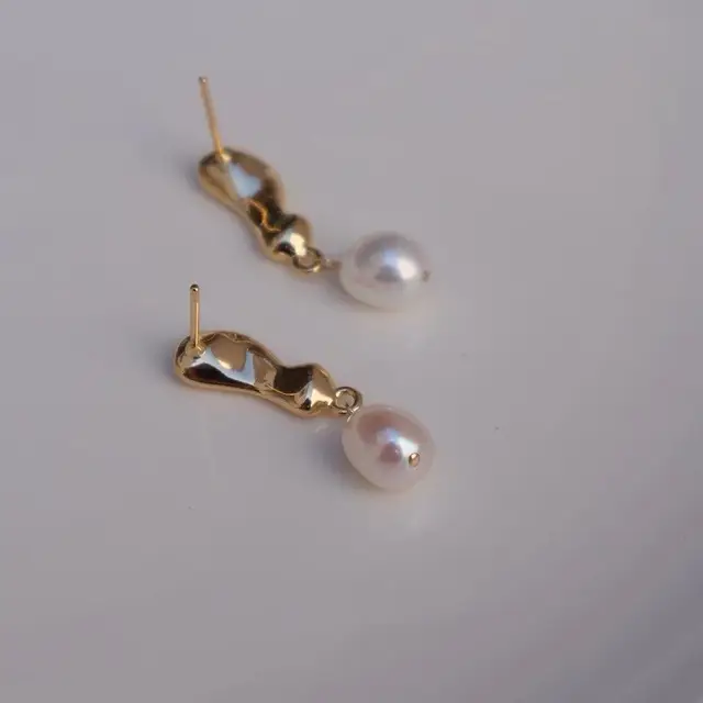 Gold Plated Pearl Earrings with Hammer Design - Image 3