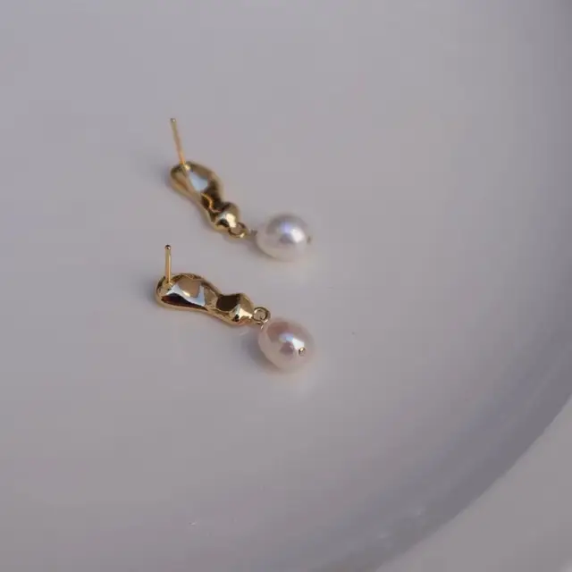 Gold Plated Pearl Earrings with Hammer Design - Image 5