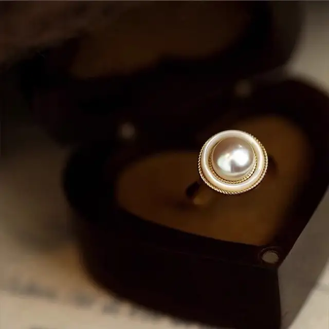 Round Natural Pearl Ring French Style Luxury Open Ring - Image 5