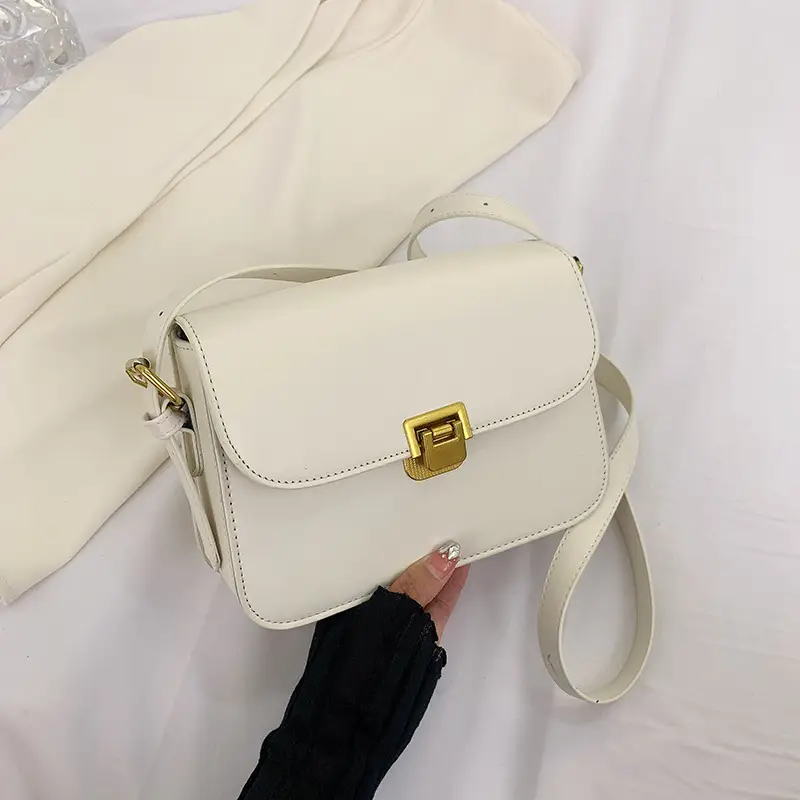 White Leather Crossbody Bag with Gold Clasp