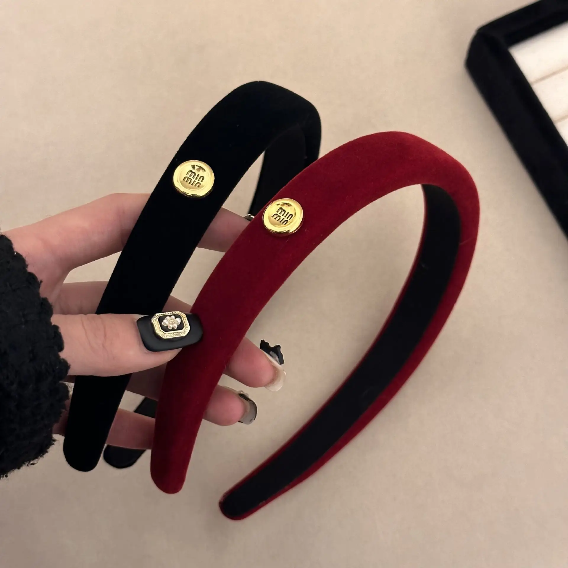 Black Velvet Korean Style Headband with Gold Logo - Image 4